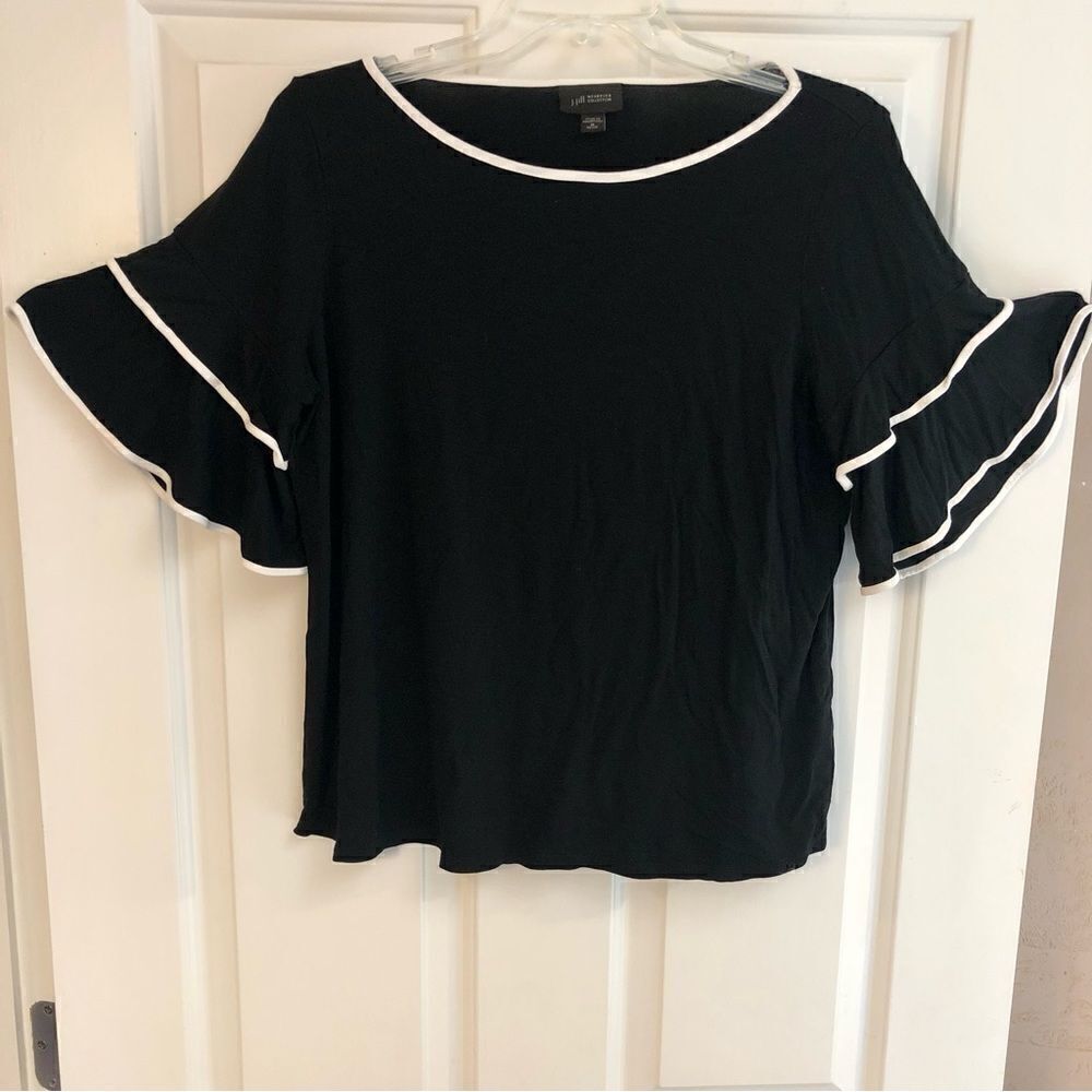 J. Jill Women’s Black Bell Sleeve Blouse with White Trim Size Petite Medium